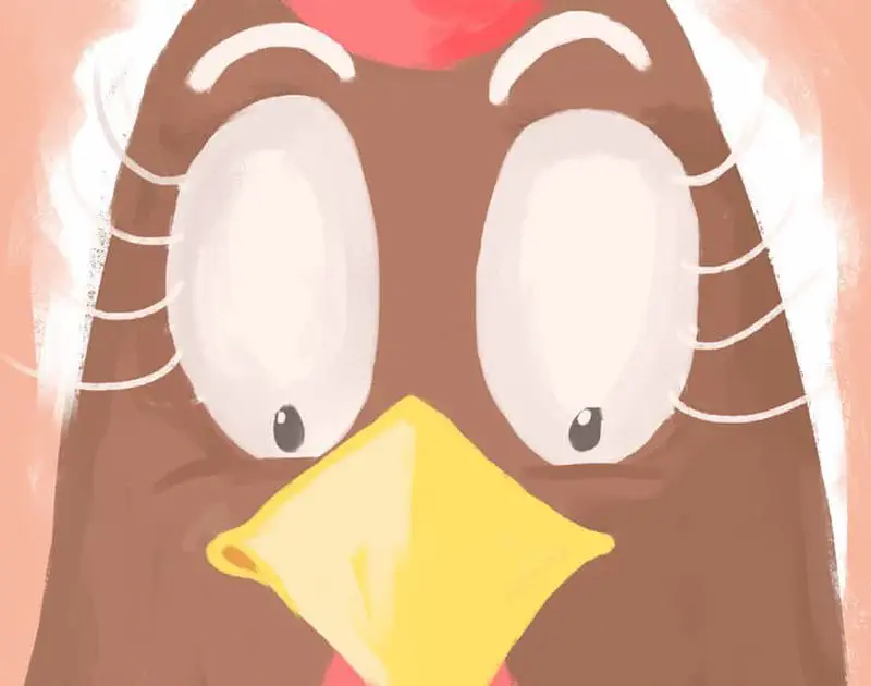 Close-up of brown hen face with big white eyes, yellow beak, and red comb on peach background