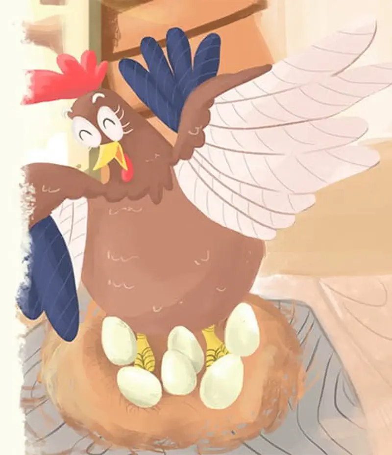 Proud brown hen with wings spread sitting on nest with five eggs in cozy barn