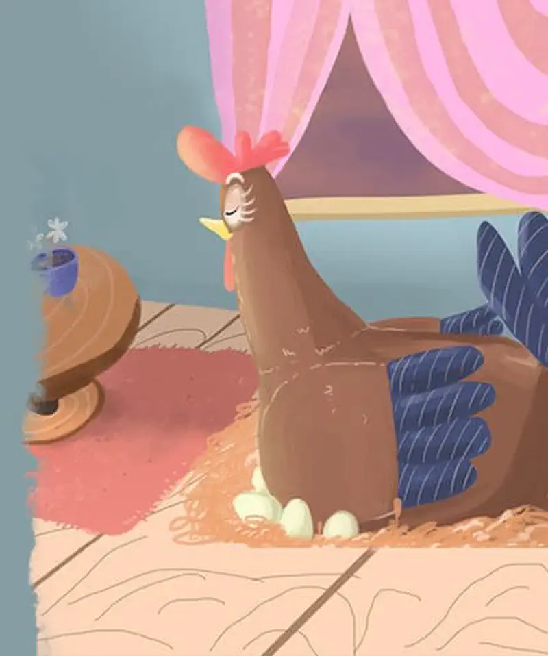 Content hen sitting on eggs by window with pink striped curtains and flower vase