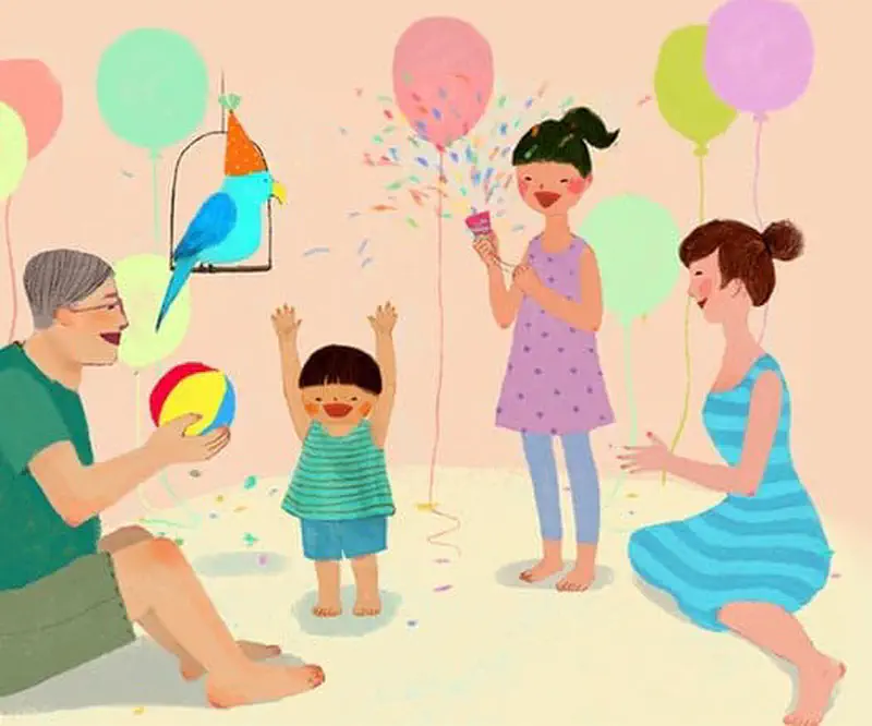 Birthday party with colorful balloons, family laughing, and parrot wearing party hat on perch