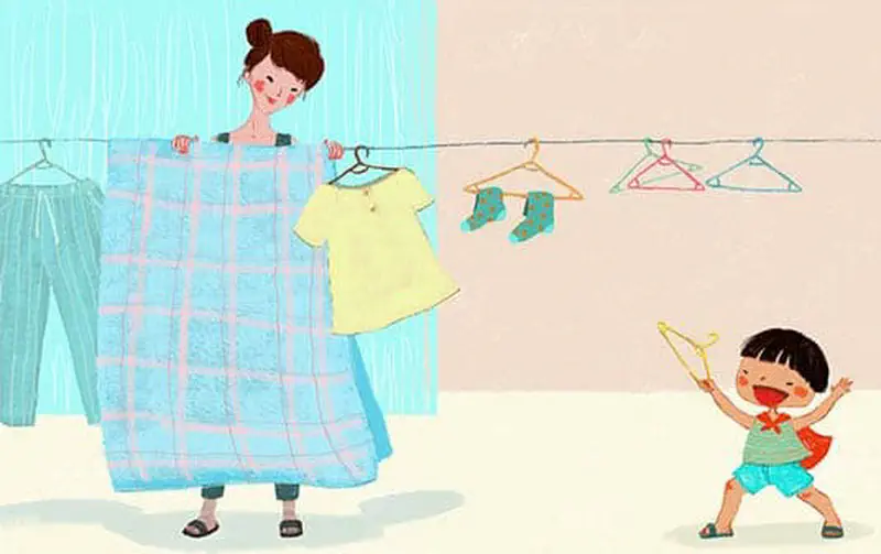 Mum hanging laundry on clothesline while boy holds hanger asking to play outside