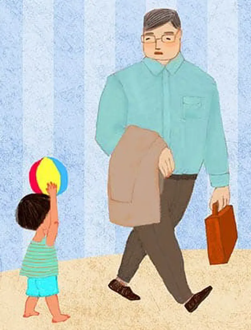 Dad in green shirt with briefcase walking to work as boy holds colorful ball hopefully