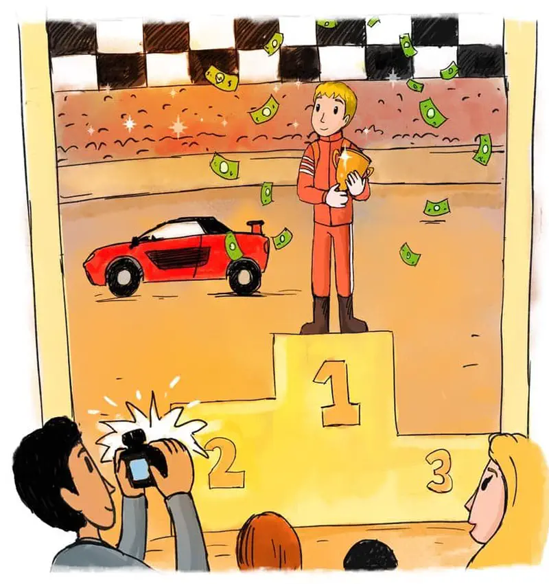 Blonde racer in orange suit holding trophy on winner podium with red car and checkered flag