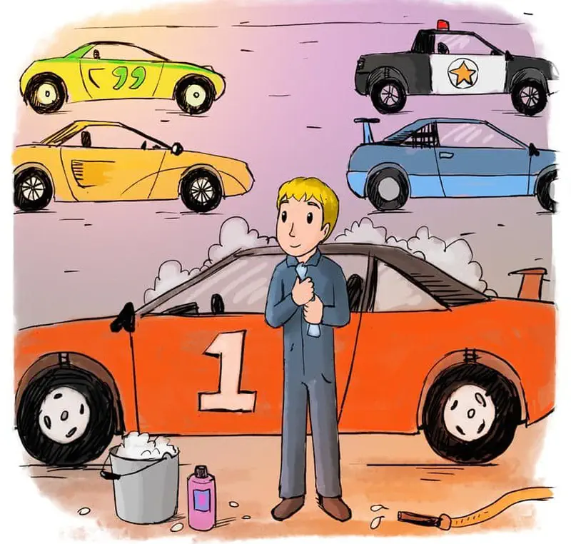 Man in suit standing by orange race car with thought bubbles of different cars being washed