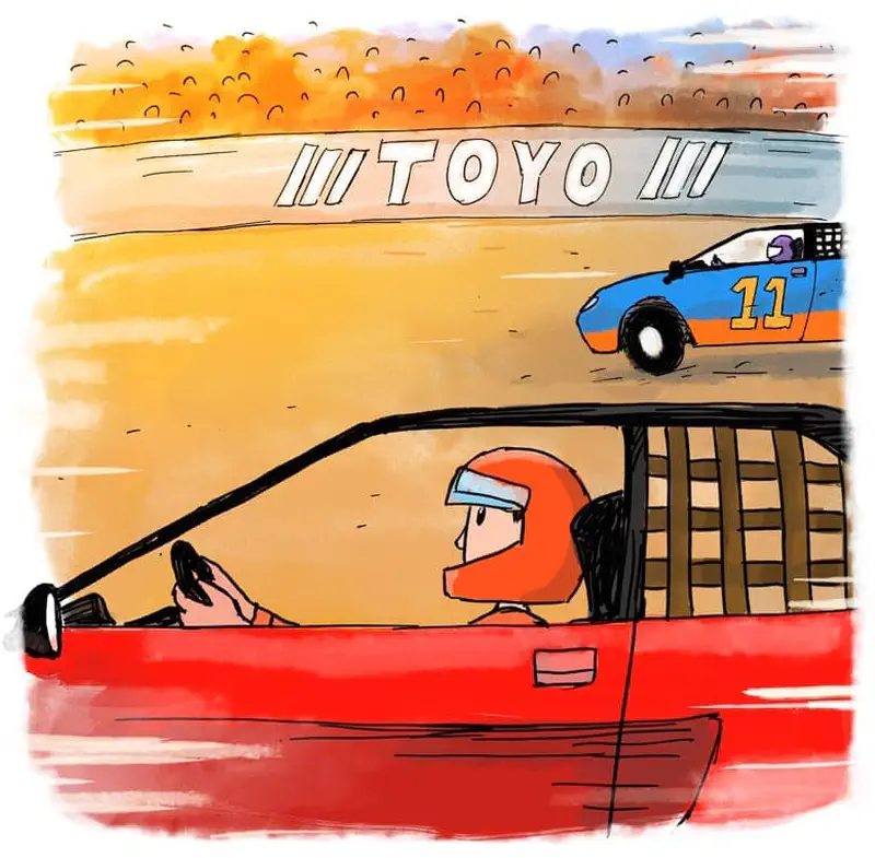 Driver in orange helmet racing red car chasing blue car number eleven on dusty track