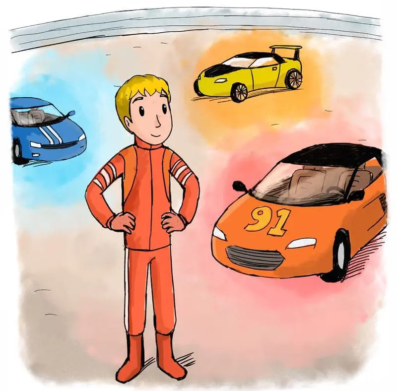 Proud racer in orange suit standing with hands on hips next to orange car number ninety-one