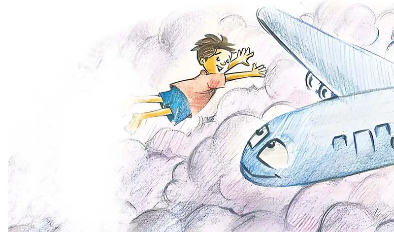 Boy flying through fluffy clouds with arms outstretched near friendly airplane with face