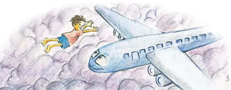 Boy flying through purple clouds waving at passenger airplane passing by