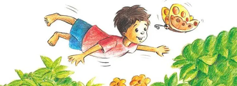 Boy in red shirt flying through air chasing yellow butterfly over green garden bushes