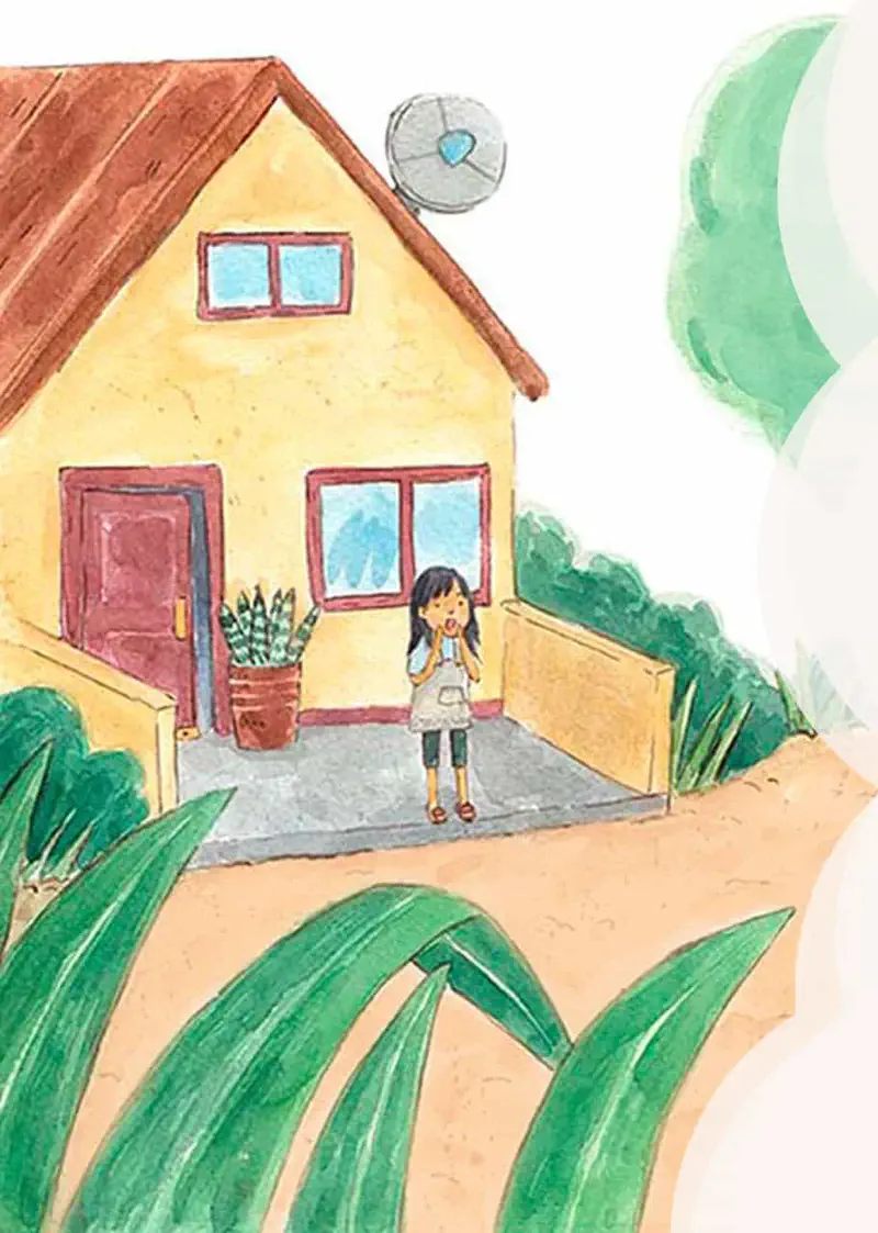 Girl standing outside yellow house with satellite dish and potted plant looking thoughtful with hand near face