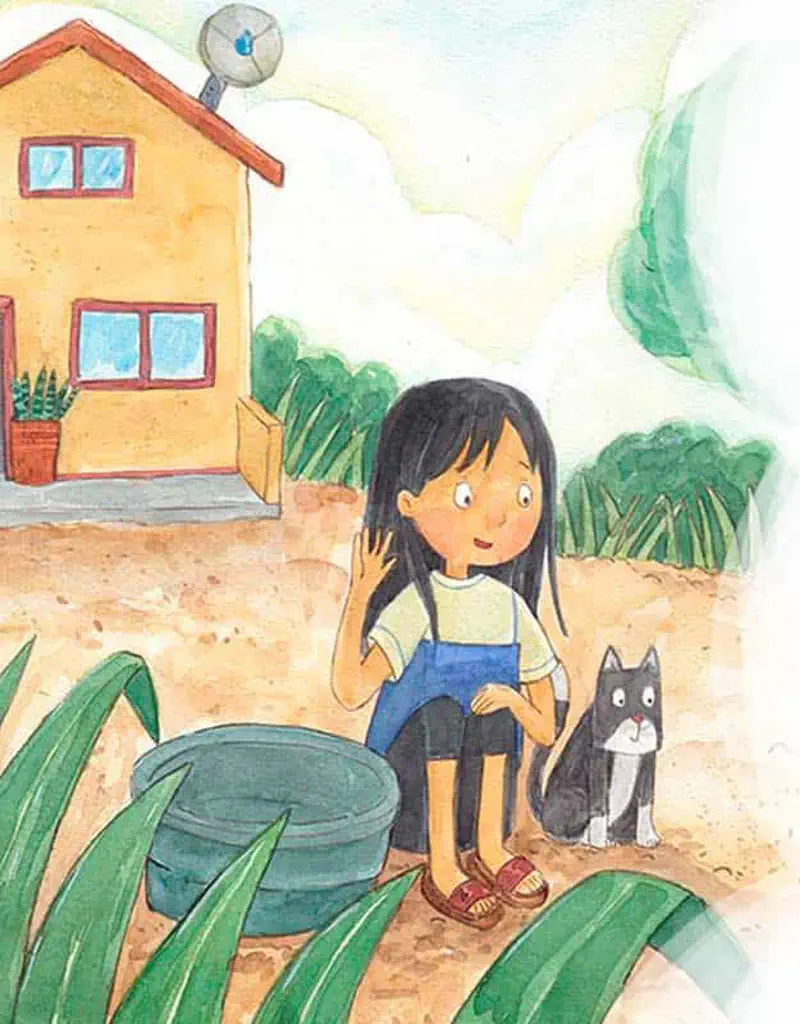 Girl waving with cat sitting beside her outside yellow house with satellite dish