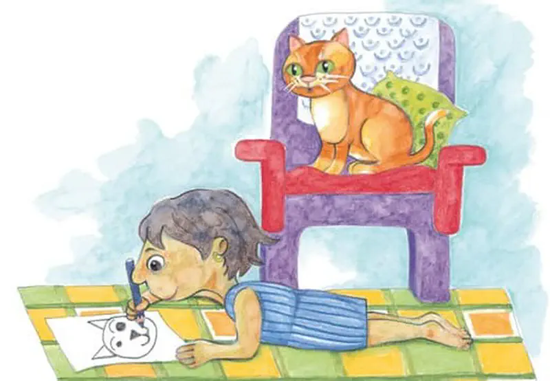 Boy lying on checkered rug drawing cat picture while orange cat sits on purple armchair