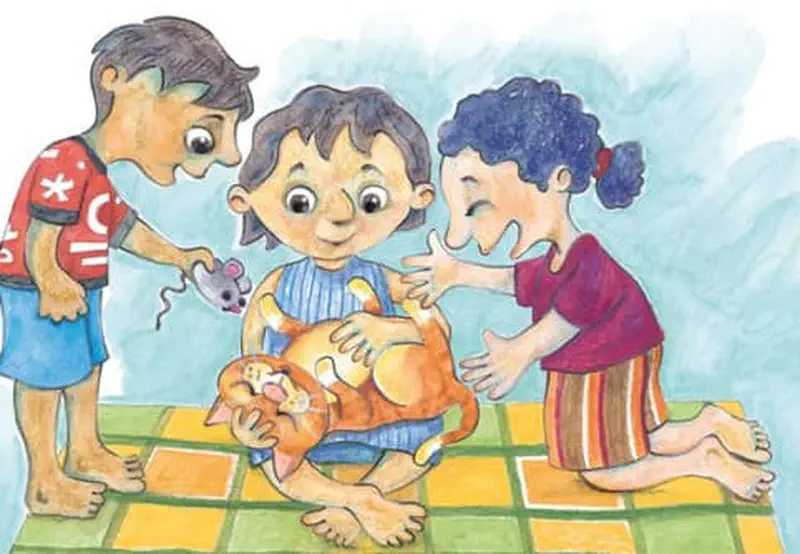 Three children playing with orange cat on checkered mat one holding toy mouse