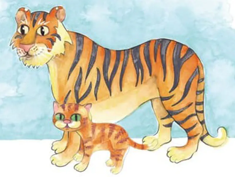 Large orange tiger standing protectively over small orange striped cat on blue background