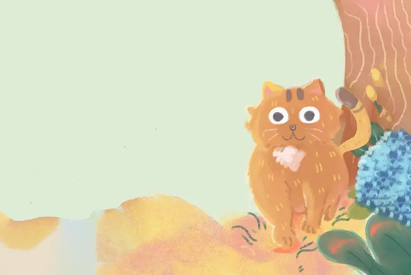 Fluffy orange cat standing by tree and blue hydrangea flowers in garden