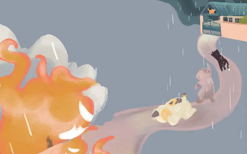 Cats being swept away by floodwater with orange cat in smoky background and house on hill