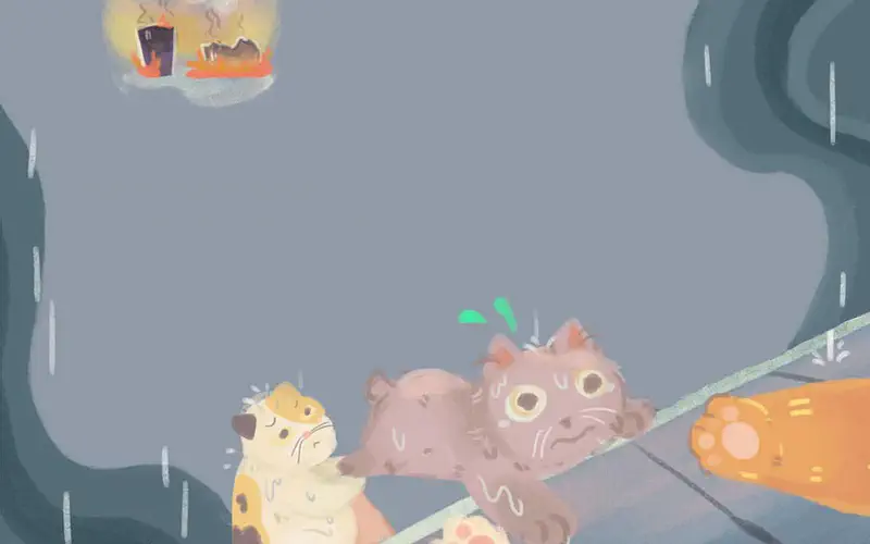 Three cats on fence watching fire and smoke with food thought bubble floating above in rain