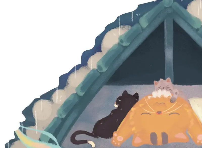 Cats sleeping peacefully under traditional green roof with black cat and orange cat cuddling