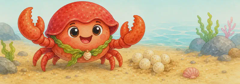 Introduce Camilo. Show him in a clear, friendly pose on the seabed near the water's edge, with a few small egg shapes nearby in the sand to nod to "nacen de huevos." His shell should be clearly visible. Mood: cheerful, welcoming.