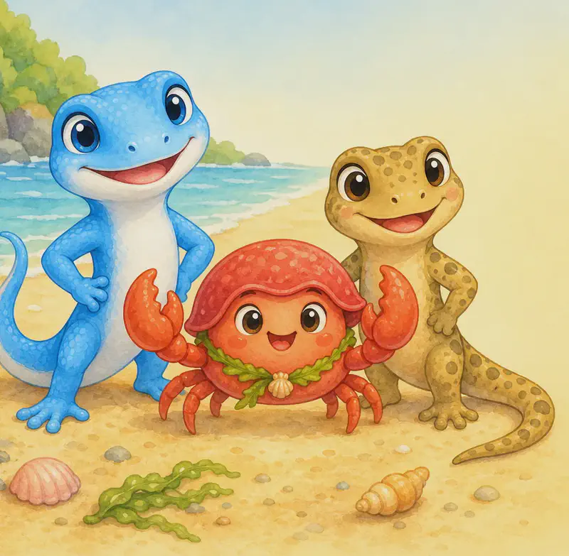 A friendly group portrait: Camilo in the middle on warm sand, Luisa to one side, Gustavo to the other, all three smiling and turned toward the viewer. Setting: sunny shoreline. Mood: friendly trio, introduction of the friends.