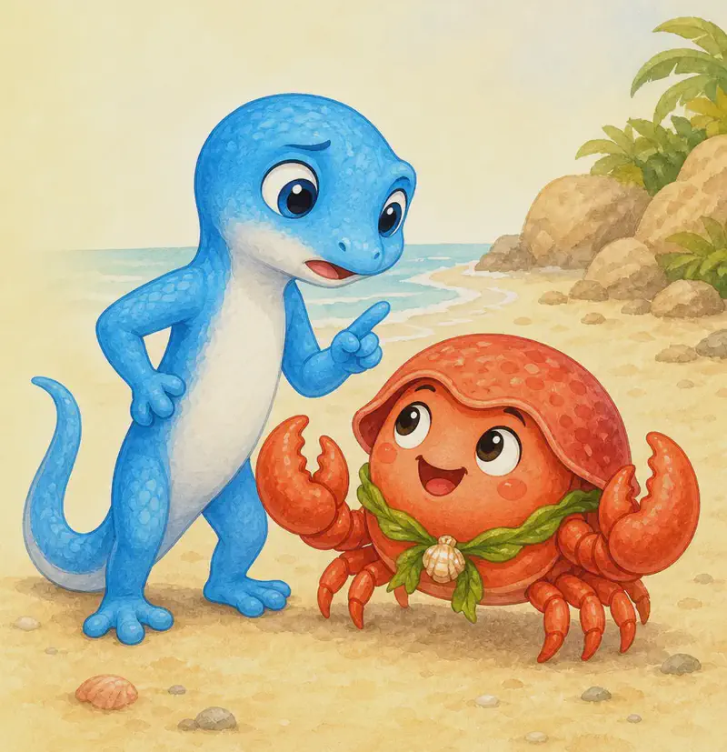 Luisa stands close to Camilo, head tilted with a concerned, scolding expression. Camilo looks back at her with a confident, carefree smile, completely unworried. Setting: sandy beach. Mood: caring scolding paired with playful confidence.