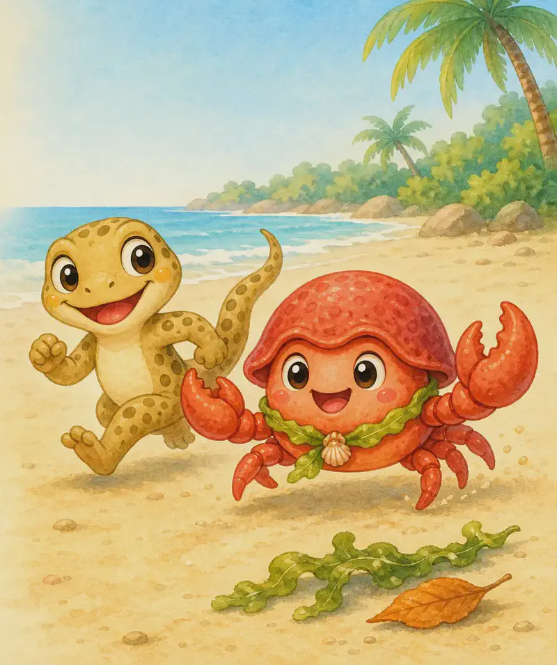 Gustavo and Camilo trotting together along a sunny beach, mid-race with happy expressions. A small bit of seaweed and a leaf can be visible on the sand as they pass. Mood: cheerful, energetic friendship.
