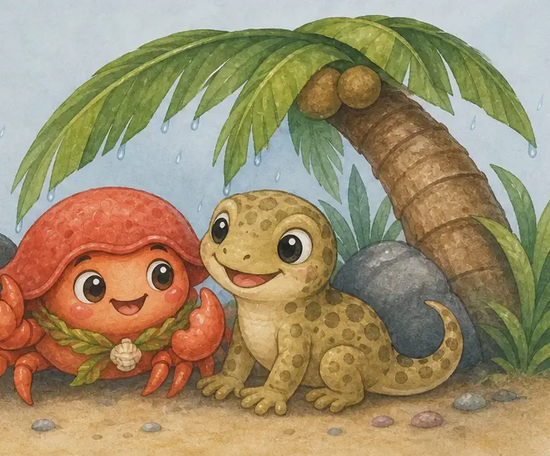 Camilo and Gustavo huddled together under the leaning leaves of a palm tree, with one or two large rocks beside them. A few raindrops fall and the palm leaves bend slightly in the wind. Mood: cozy shelter from the storm.