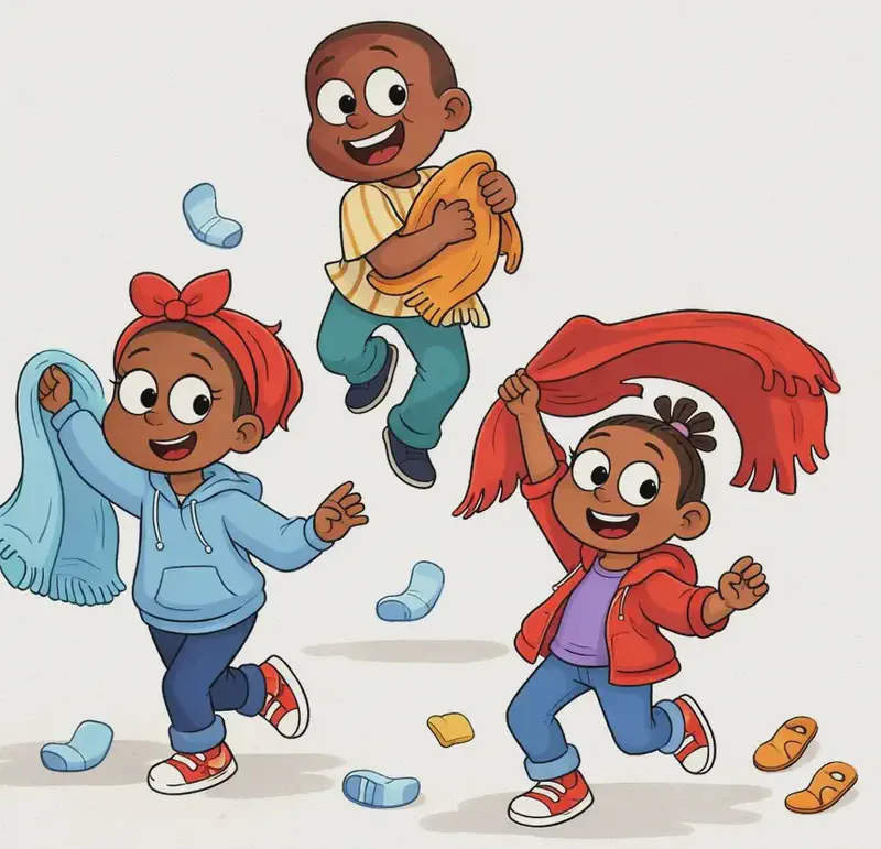 On the right side of the image, Boy, Girl, and Sister are dancing joyfully on a plain white background, each holding a towel and drying off. Boy is at the upper right, mid-dance step with a happy expression, holding an orange towel against his chest. Girl is at the lower right, dancing energetically with a wide smile, swinging a red fringed towel over her head with one arm. Sister is at the center-left, dancing with a cheerful grin, waving a light blue towel. Several pairs of kicked-off shoes are scattered around them on the ground, and a pair of orange sandals sits near the bottom right. The scene is set indoors against a clean white background.
