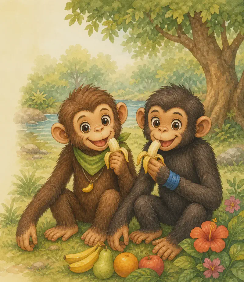 Introduce both brothers. Chepito and Checho sit or stand together in the nature park, each happily munching on a piece of fruit (banana or similar). Their long arms are clearly visible. Mood: warm introduction of the brothers; cheerful, hungry expressions.