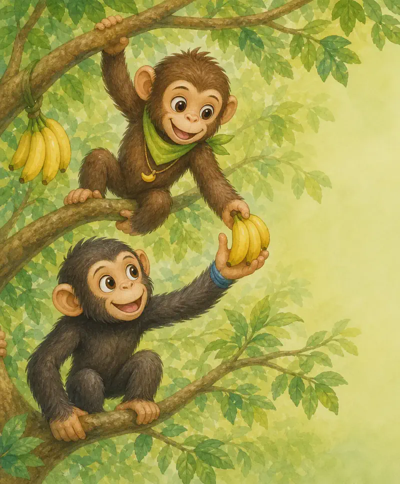 Chepito and Checho are up in the branches of a tree, working together as a team — one passes a piece of fruit (or a bunch of bananas) to the other, both clearly using their long arms to swing and grip the branches. Some leaves and a small bunch of bananas visible. Mood: playful teamwork.