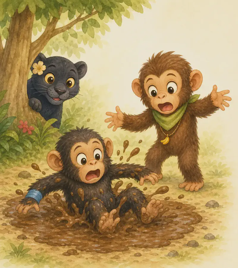 Checho has just fallen into a small mud puddle, splashing brown mud around him, with a startled expression. Chepito stands beside the puddle, arms outstretched, mouth wide open in alarmed surprise. Just at the edge of the scene, China the panther is partly visible, peeking out from behind a tree or shrub — her presence is felt but not threatening in a graphic way. Mood: sudden, startled, child-appropriate scare.