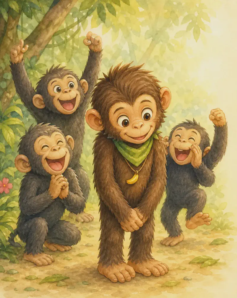 Chepito stands proudly and humbly in the centre, head slightly bowed, with a calm, careful expression on his face. Two or three unnamed chimpanzees around him are whistling and cheering with joy — happy expressions, arms raised. Mood: warm, redemptive, celebratory closing page.