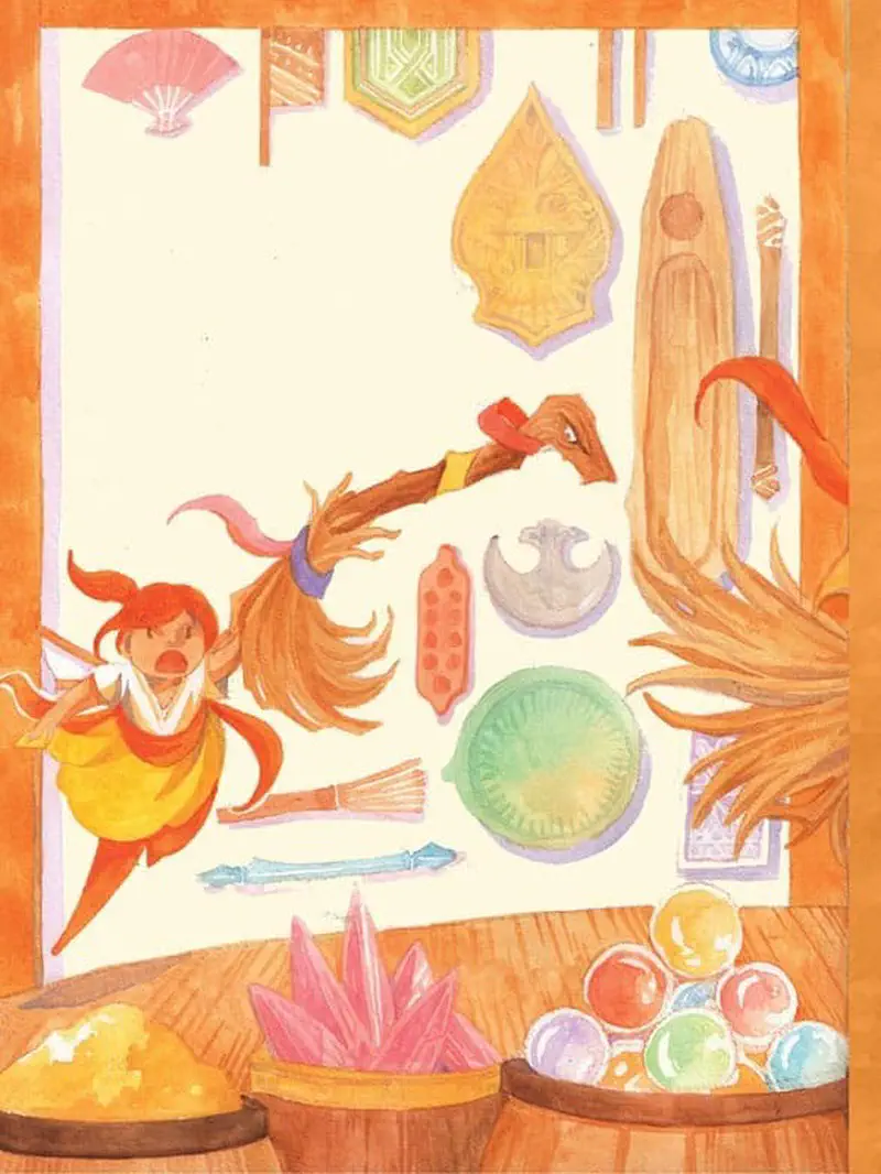 Fairy Kate chasing flying rainbow broom in decorated room with colorful orbs and ornamental wall hangings