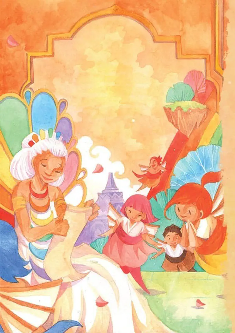 Rainbow Queen in flowing dress reading note while fairies play near colorful tower with rainbow plants