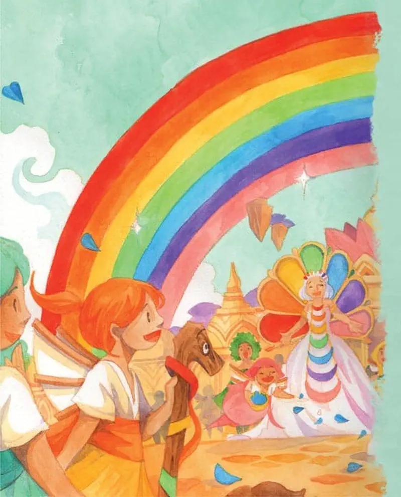 Fairy Kate and Wind Princess watching Rainbow Queen on colorful throne under bright rainbow with golden towers