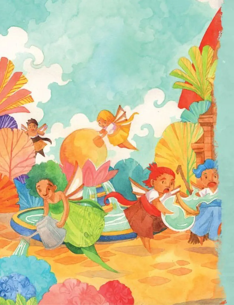 Busy fairies cleaning rainbow tower with mops buckets and brooms among colorful fan-shaped plants