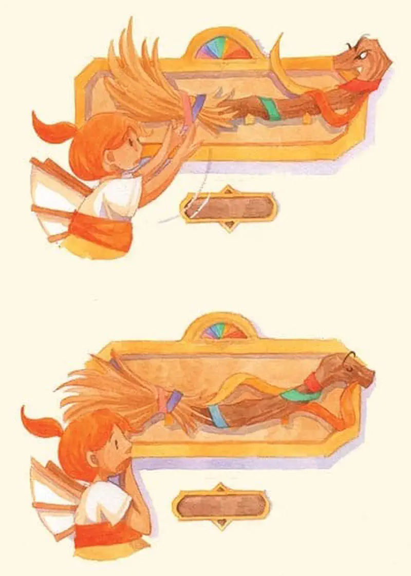Two scenes of orange-haired fairy Kate chasing flying rainbow broom past golden door frame