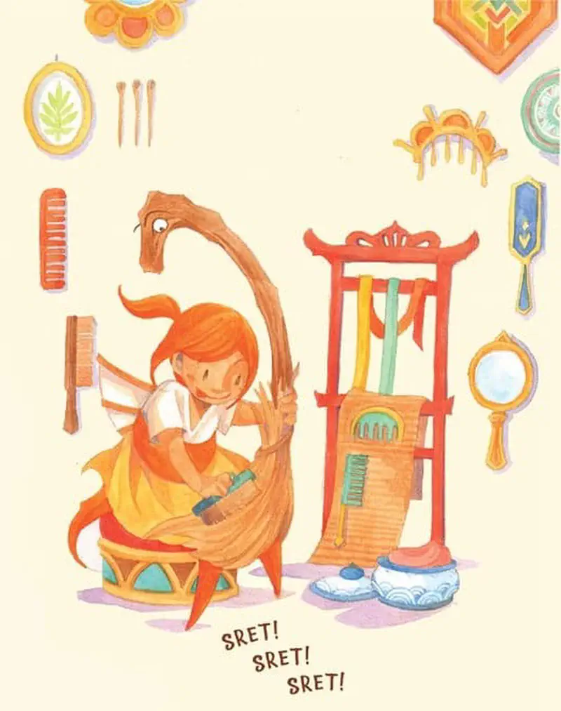Fairy Kate combing rainbow broom bristles in grooming room with combs mirrors and brushes on wall