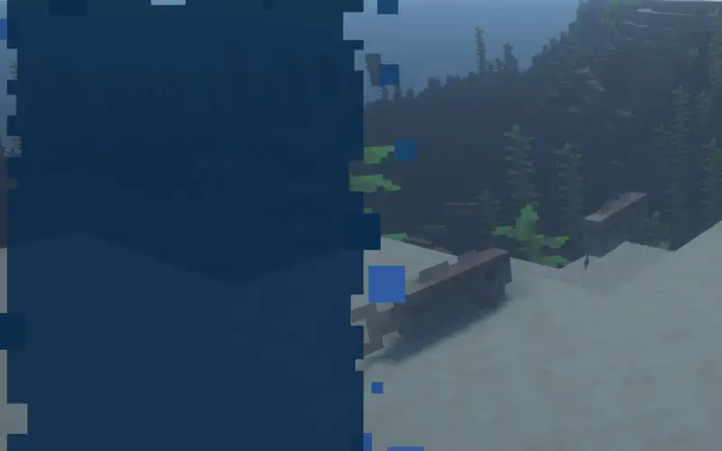 Minecraft scene showing underwater view with dark blue ocean on left, sandy beach with cod fish and kelp forest on right.