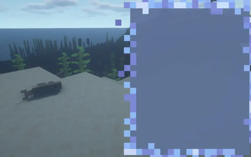 Minecraft cod fish on sandy ocean floor with kelp forest and ocean in background, blue sky with clouds above.