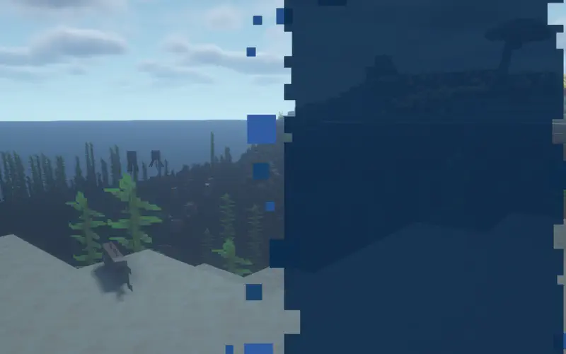 Minecraft coastal scene with cod fish on beach, kelp forest, ocean view, and dark underwater cave on right side.