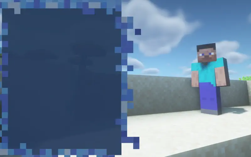 Minecraft Steve character in cyan shirt standing by stone wall, with underwater fish visible through blue water portal on left.