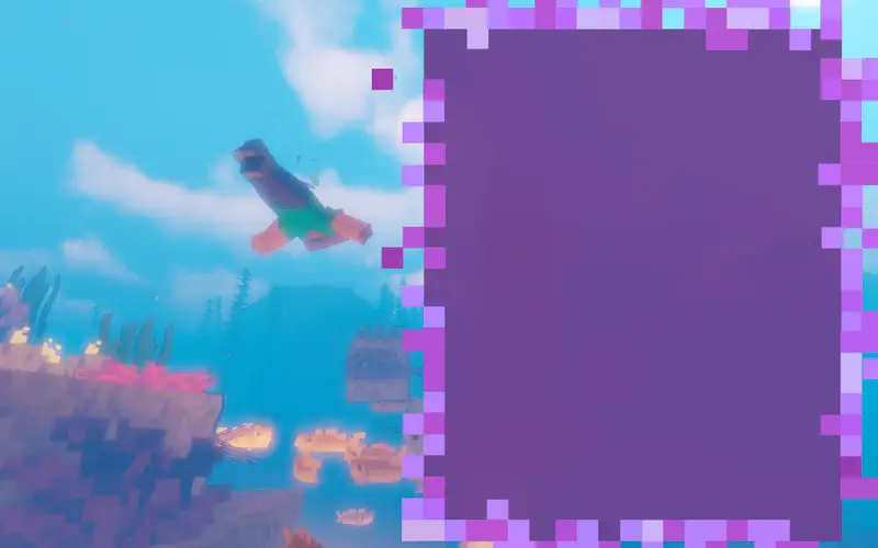 Minecraft character diving underwater in bright turquoise ocean with colorful coral reef, pink coral, and treasure below.