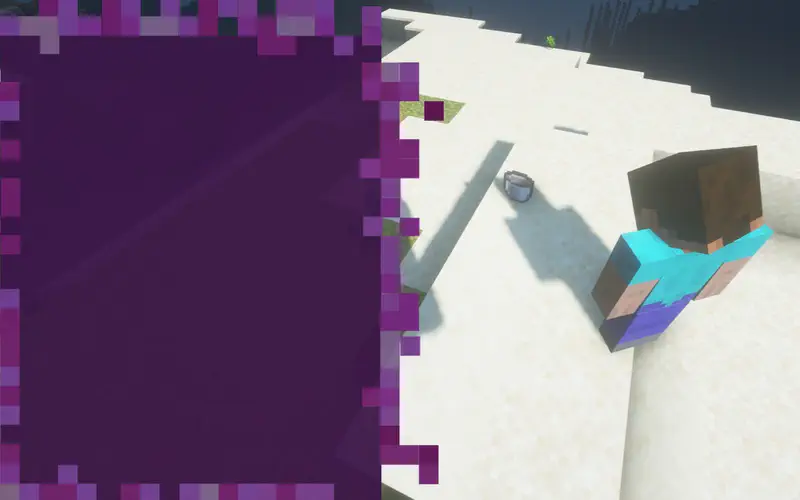 Minecraft Steve bending down on snowy beach looking at small bucket, purple portal visible in background.