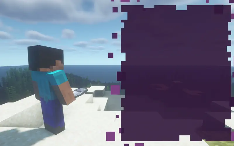 Minecraft Steve standing on beach holding fishing rod, looking toward purple portal with ocean and forest behind.