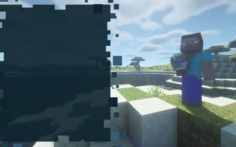 Minecraft Steve wearing swimming goggles standing on grassy beach, underwater scene with kelp visible on left side.