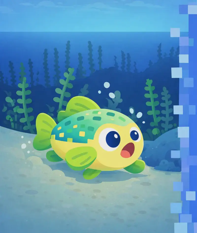 On the left side of the image, Cod is positioned on the sandy ocean floor, facing toward the viewer at a three-quarter angle with a wary, alert expression, appearing to dart away toward a hiding spot near kelp. Cod has a round, chubby body with a pale yellow underbelly, green-and-teal patterned back with small rectangular spot markings, large round black eyes with white highlights, and lime-green fins. The underwater scene features green kelp and seaweed rising from the sandy bottom in the background, with deep blue open water stretching into the distance under a faintly lit sky visible above the waterline. The right side of the image is occupied by a blue-toned text overlay panel with a decorative pixelated border, leaving clear space for text.