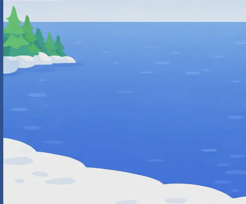 On the right side of the image, a vast ocean stretches out to the horizon, empty and mysterious. The scene is set outdoors during daytime with an overcast sky, evergreen trees lining a snowy or sandy shoreline in the background. No fishing rod, net, or tools are visible anywhere in the scene, emphasising the lack of equipment. The left side is dominated by a large dark blue overlay area for text.