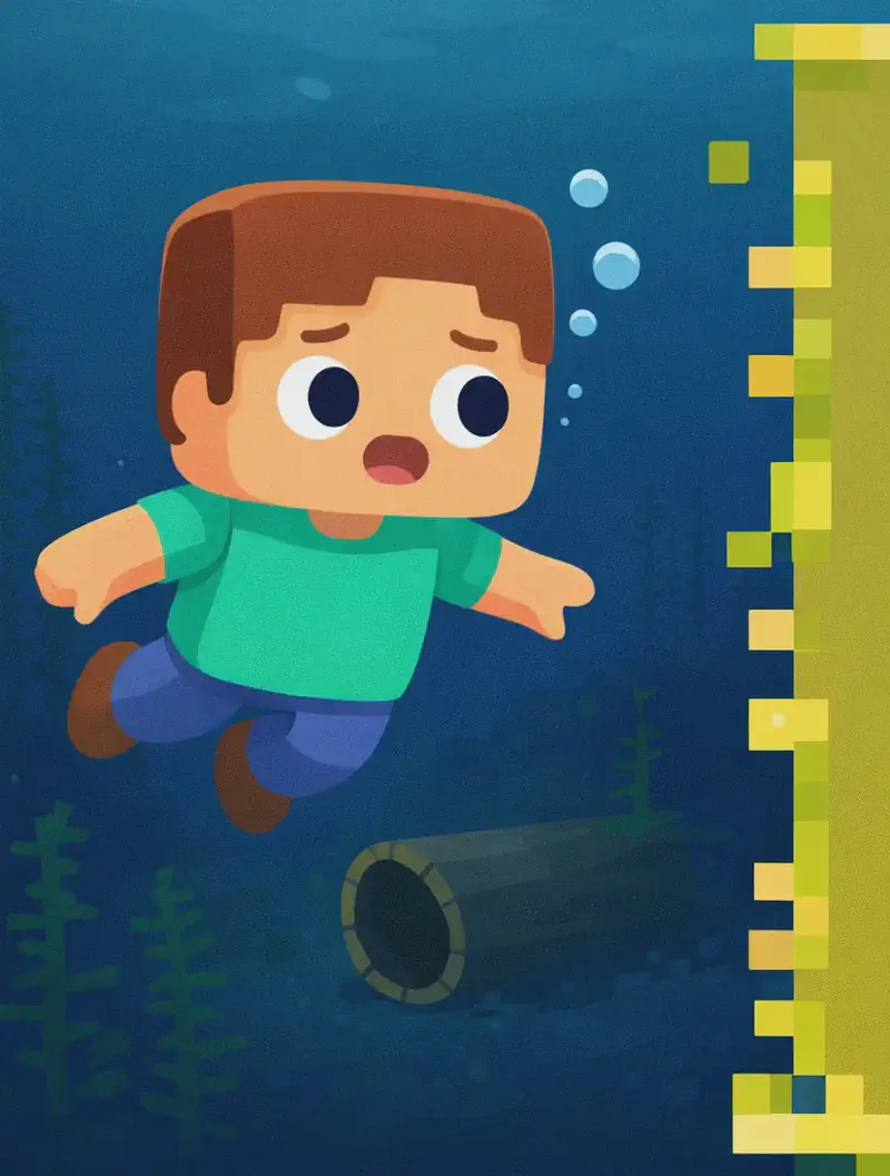 On the left side of the image, the scene shows a deep, dark underwater environment. Dark blue water stretches out into the murky distance. Tall kelp and underwater vegetation rise from the dark ocean floor. A hollow wooden log rests near the centre-left on the seafloor, visibly empty — the cod is no longer inside. Steve swims in the mid-ground, facing toward the viewer with a puzzled, searching expression, peering around the dark water. He has a large square head, short brown hair, light peach skin, and wears a teal/cyan short-sleeve t-shirt, blue pants, and dark brown shoes. The right side of the image is dominated by a large olive/yellow-green pixelated overlay panel, leaving that area as a plain background for text.