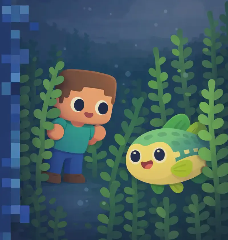 On the right side of the image, an underwater scene shows a dense field of tall green kelp stretching across the ocean floor, with murky, dim water and a dark overcast sky visible above the surface. Cod is partially hidden among the kelp on the right, peeking out with its round chubby body, pale yellow underbelly, green-and-teal patterned back, and large round black eyes visible between the fronds. Steve is visible near the centre-right, cautiously peering into the kelp with a careful, focused expression. He has a large square head, short brown hair, light peach skin, and wears a teal/cyan short-sleeve t-shirt, blue pants, and dark brown shoes. The left side of the image is occupied by a dark blue text overlay area with a pixelated border.